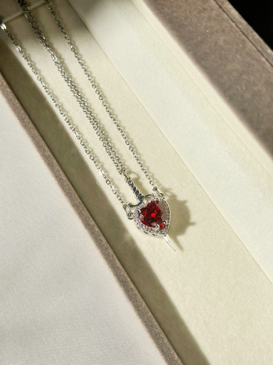 Red Zircon Love Heart Gothic Sword Layered Dagger Pendant Set