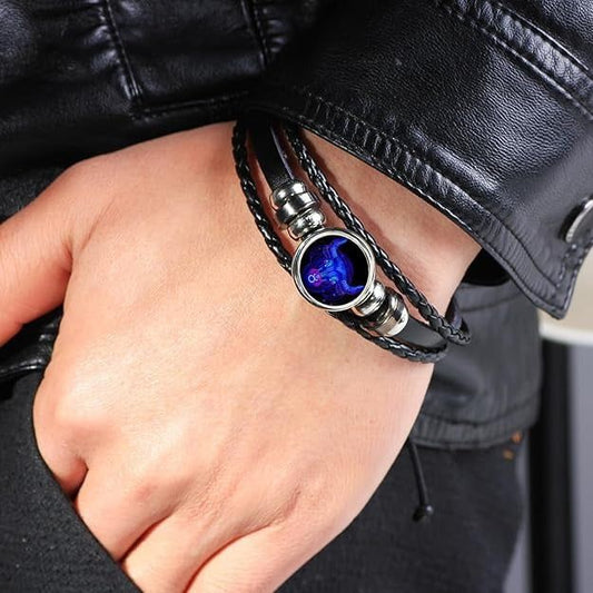 Vintage Zodiac Constellation Guardian Black Leather Handmade Adjustable Bracelets